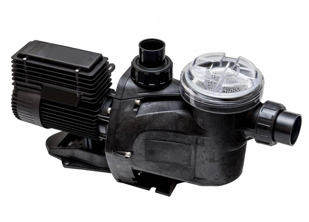 A black swimming pool pump on a white background