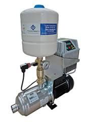 A stainless steel water pump with a pressure tank attached to it.