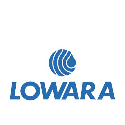 The logo for lowara is blue and white with a water drop in the middle.