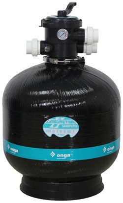 A black swimming pool filter is sitting on top of a white surface.
