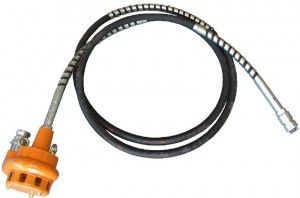 A close up of a hose with a plug on it on a white background.