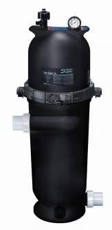 A black swimming pool filter with a gauge on top of it.