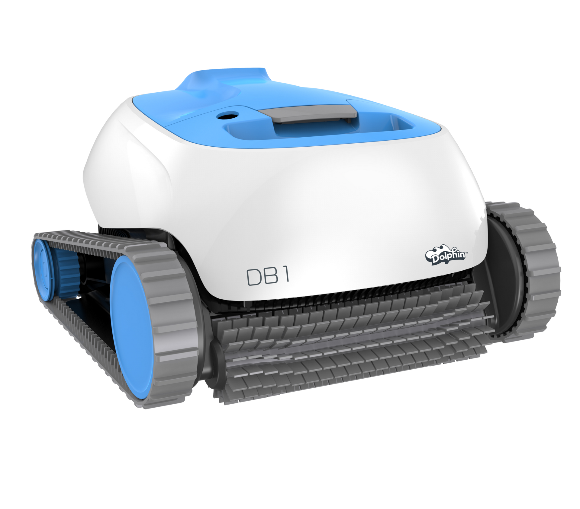A white and blue robotic swimming pool cleaner on a white background.