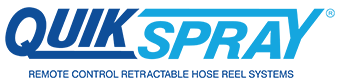 A blue and white logo for quik spray remote control retractable hose reel systems