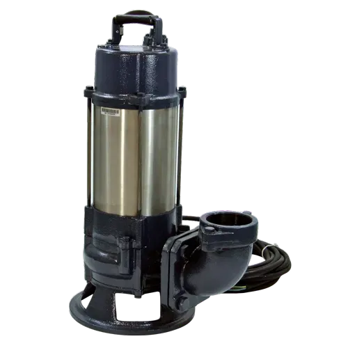 A stainless steel submersible pump with a handle on a white background.