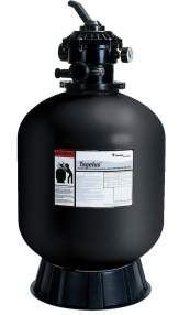 A black sand filter for a swimming pool on a white background.