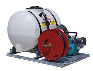 A white tank with a red hose attached to it