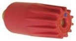 A red plastic object with a hole in the middle on a white background.