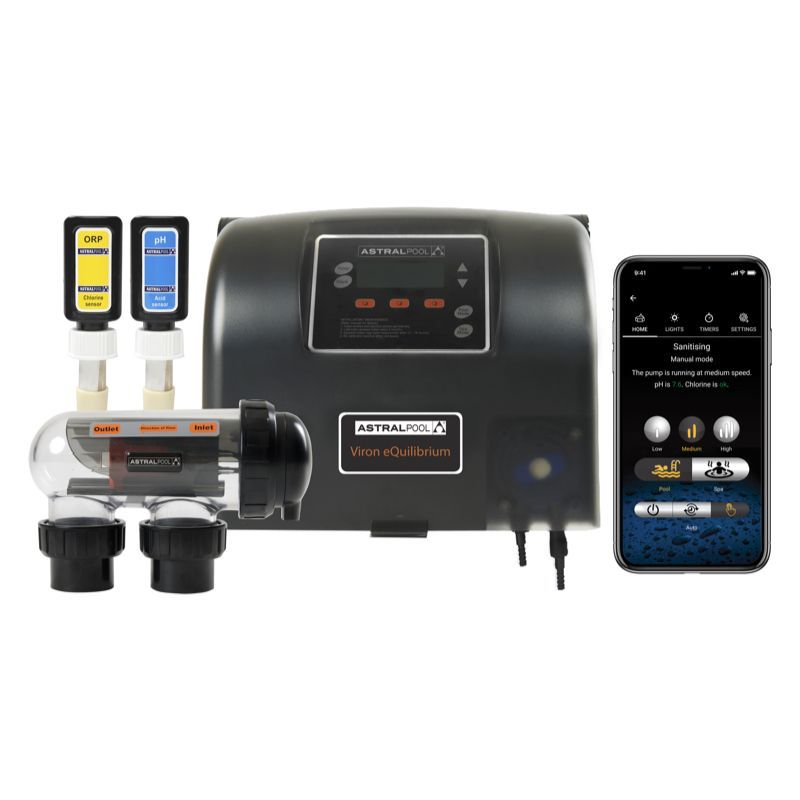 A swimming pool salt system with a smart phone attached to it.