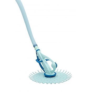 A blue and white pool cleaner with a long handle on a white background.