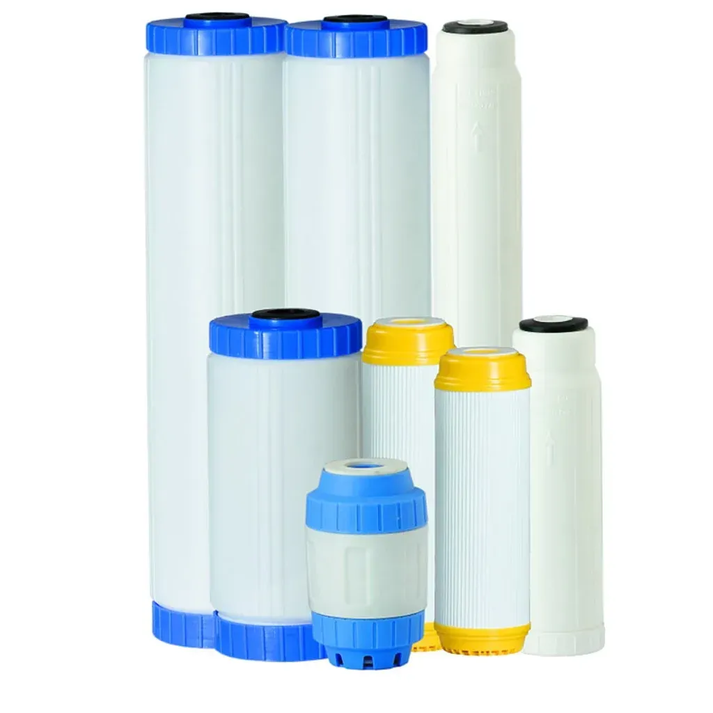 A group of water filter cartridges of different sizes and colors.