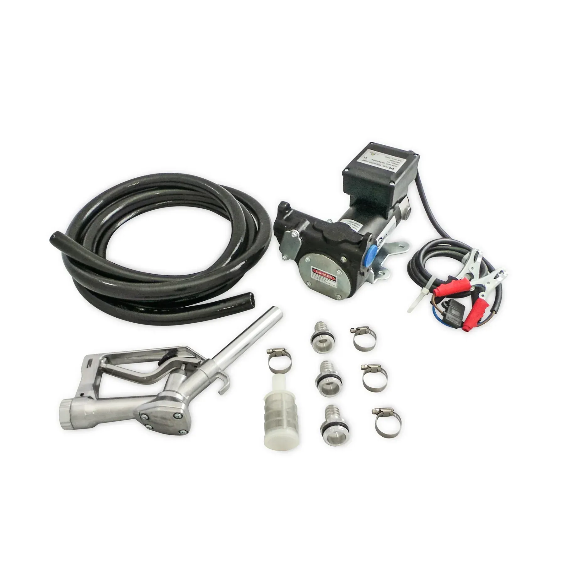 A picture of a fuel pump with a hose , pump , and connectors.