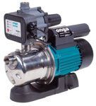 A stainless steel water pump with a control panel attached to it.
