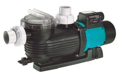 A black and blue swimming pool pump on a white background.