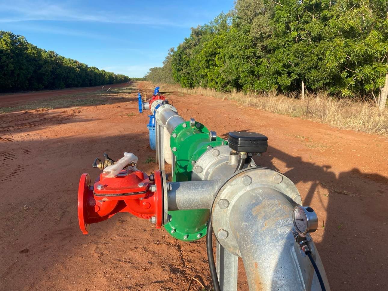 A row of pipes are lined up on the side of a dirt road.