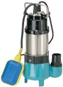 A stainless steel submersible water pump with a blue and yellow float.