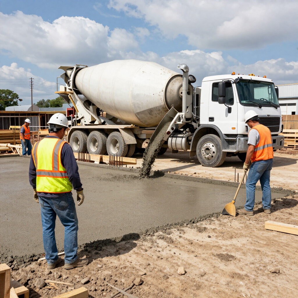 Construction workers guiding a cement mixer truck at a road work site under a blue sky