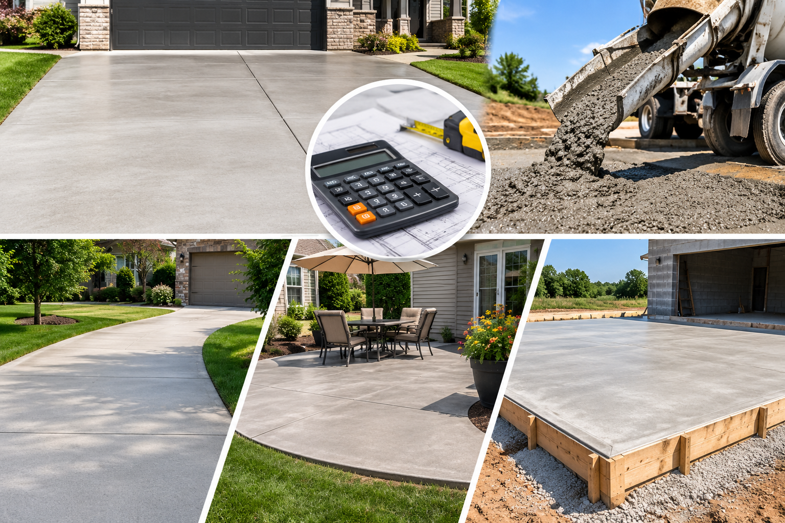 New concrete driveway and walkway installation with edging and construction equipment