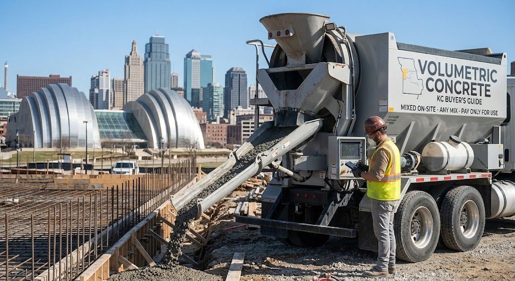 Concrete mixer truck pouring concrete at a construction site with a city skyline in the background