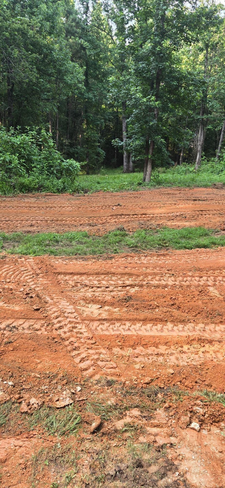 Freshly graded red dirt field with tire tracks, bordered by dense green trees and brush
