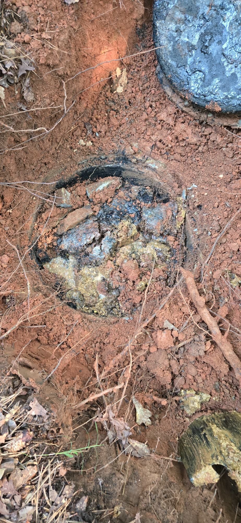 Close-up of a muddy, rocky ground with small roots and a blue stone at the top right.