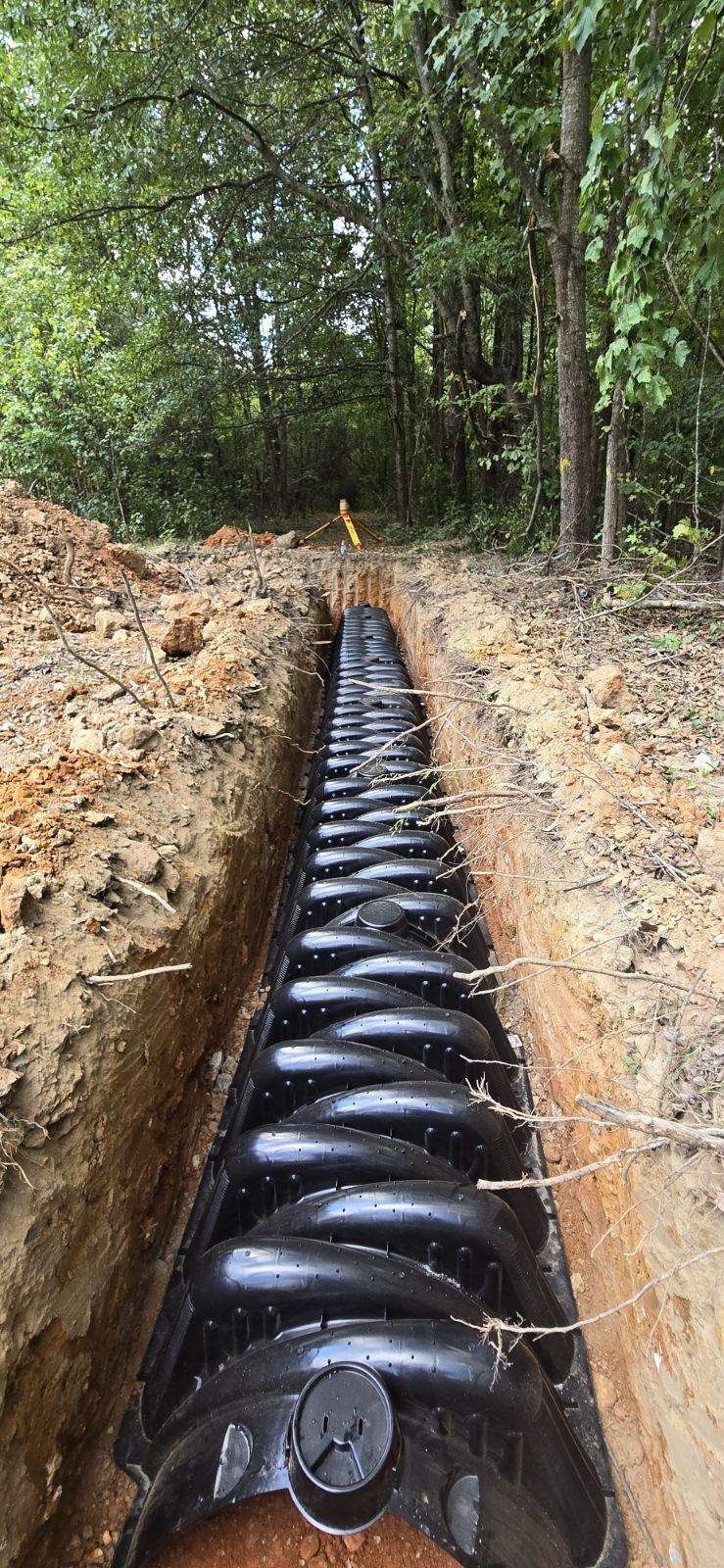 A long trench in a wooded area, containing rows of connected black plastic components. The open ditch is brown earth.