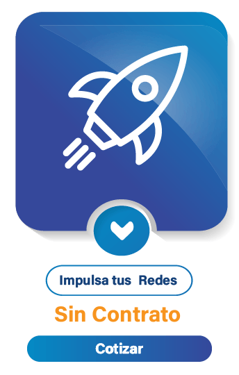 Un ícono azul con un cohete y las palabras impulsa tus redes sin contrato