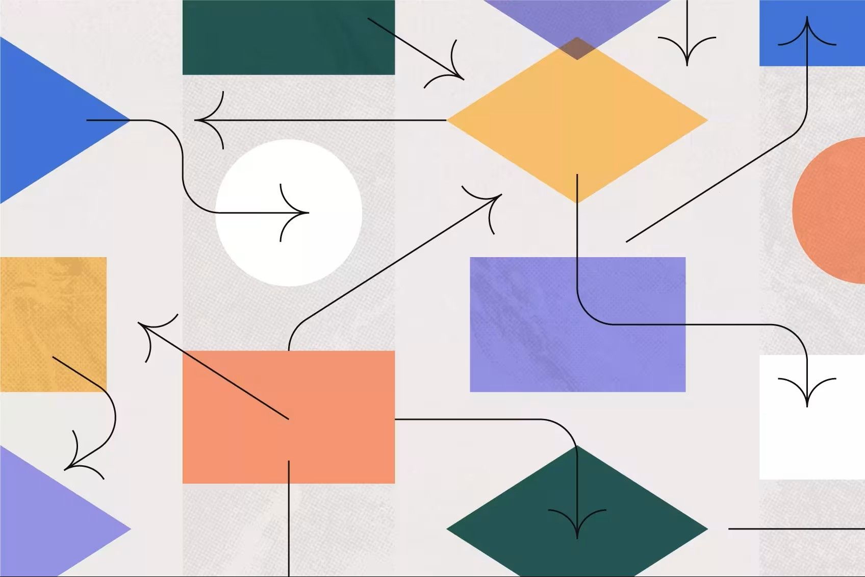 Diagram of shapes and arrows, various colors, depicting a process or workflow.