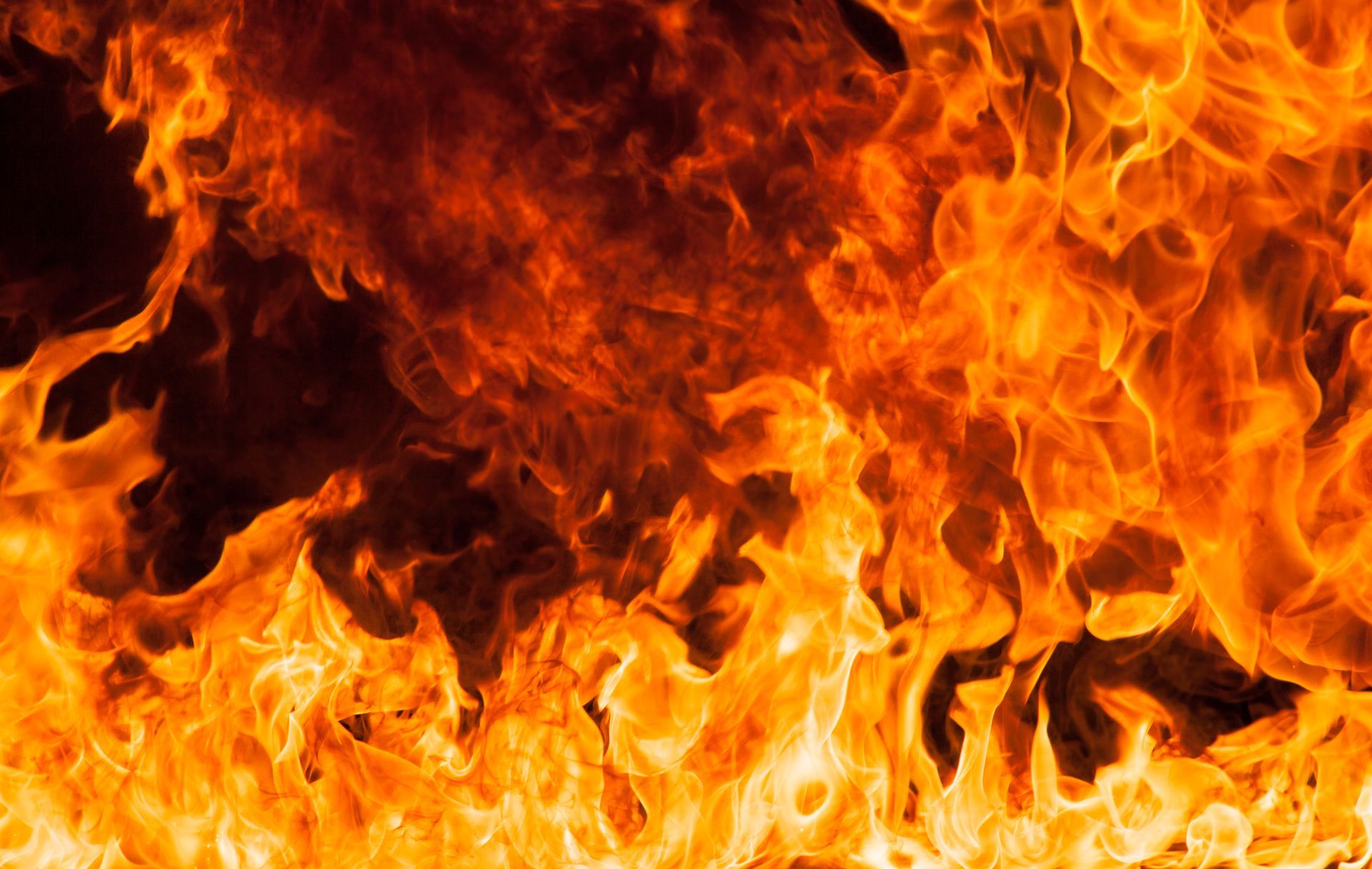 A close up of a large fire with lots of flames on a black background.
