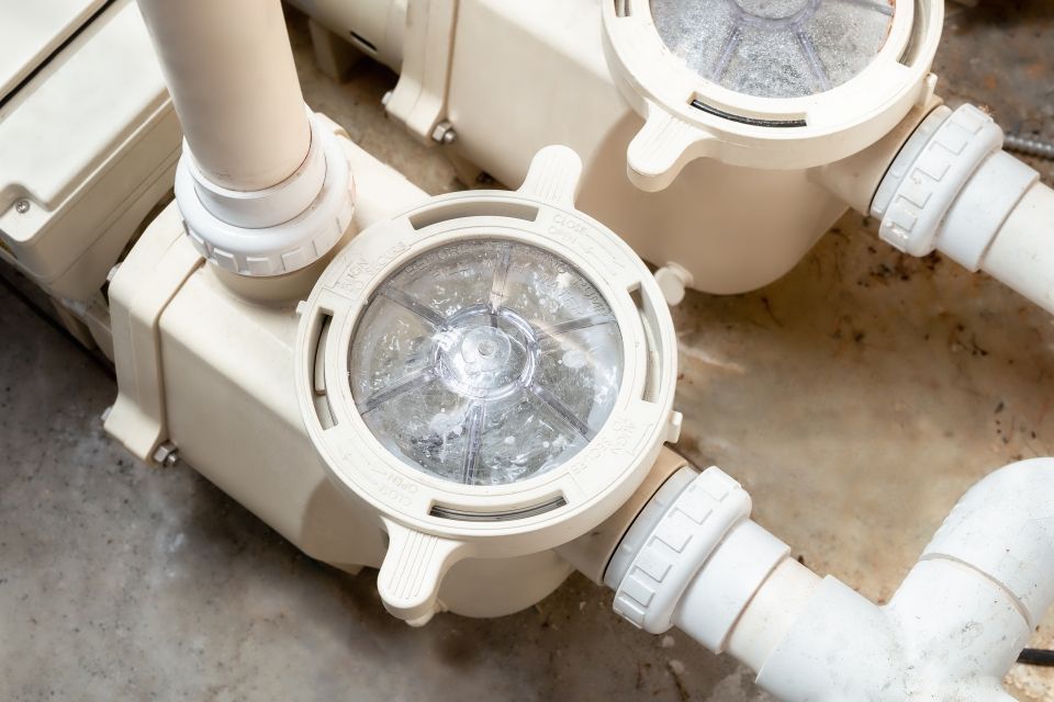 Pool filter system with two clear, circular viewing ports and white pipes.