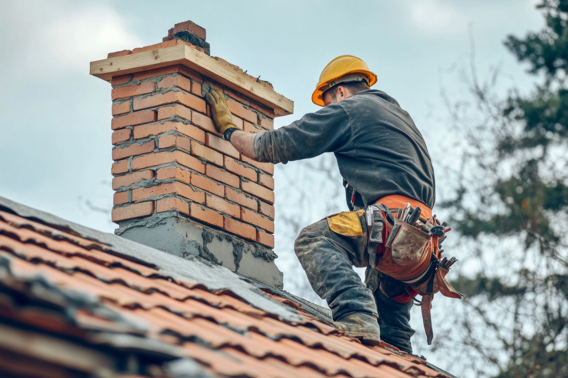 A worker on a ladder is repairing a brick chimney on a roof A worker on a ladder is repairing a brick chimney on a roof