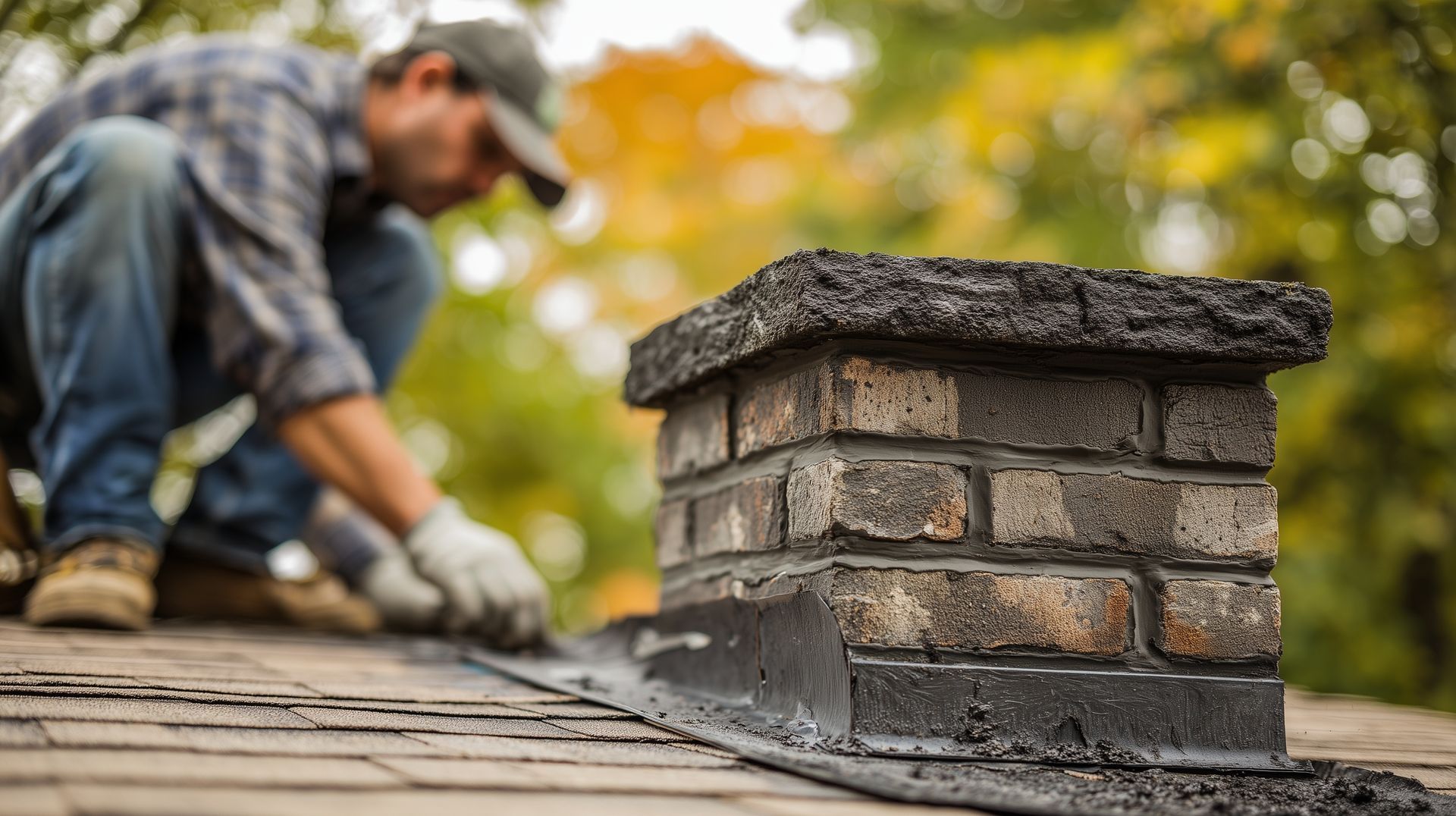 Worker repairing roof shingles beside a brick chimney on a house