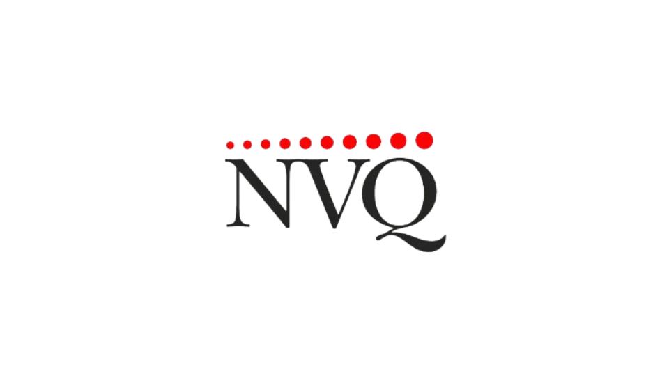 NVQ logo with black letters and a row of red dots above them on a white background