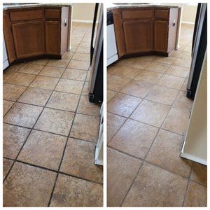 A before and after photo of dirty tile and clean tile after it is cleaned.