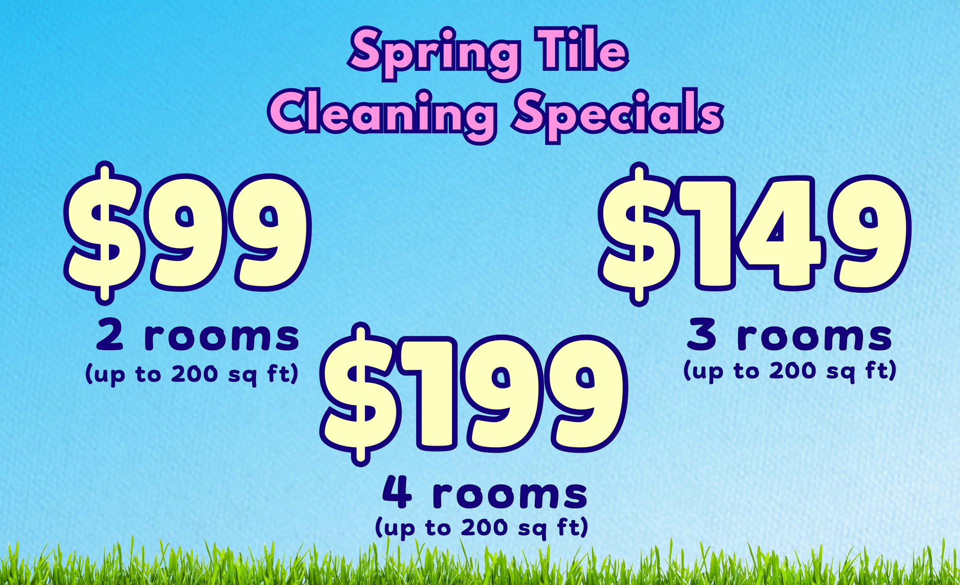 A blue background with spring tile cleaning specials for $ 99 $ 149 and $ 199