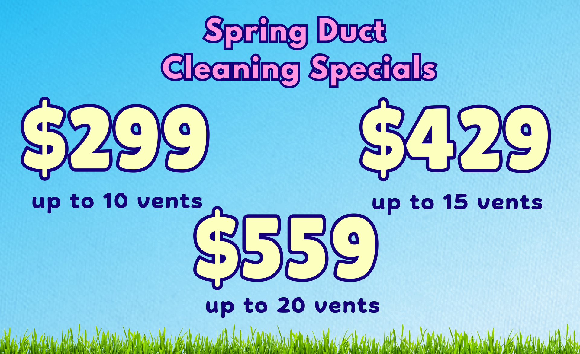 A sign that says spring duct cleaning specials on it