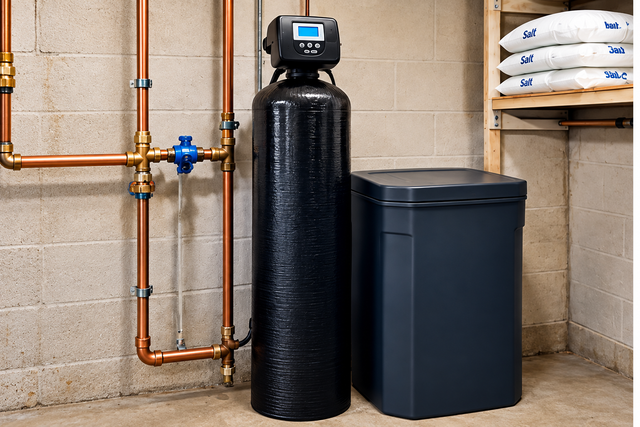 Water heater in a basement utility area with metal ductwork and pipes.