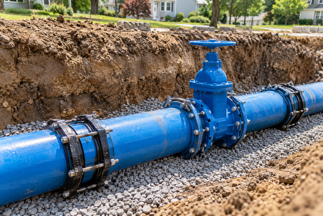 Trench dug beside a building, exposing a white pipe and utility box in a dirt yard.