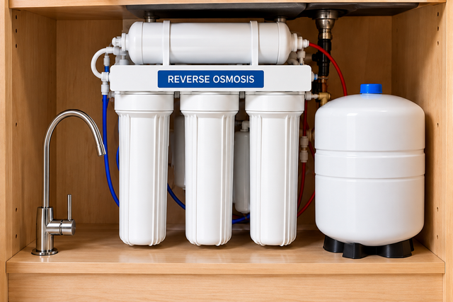 Water heater in a basement utility area with metal ductwork and pipes.
