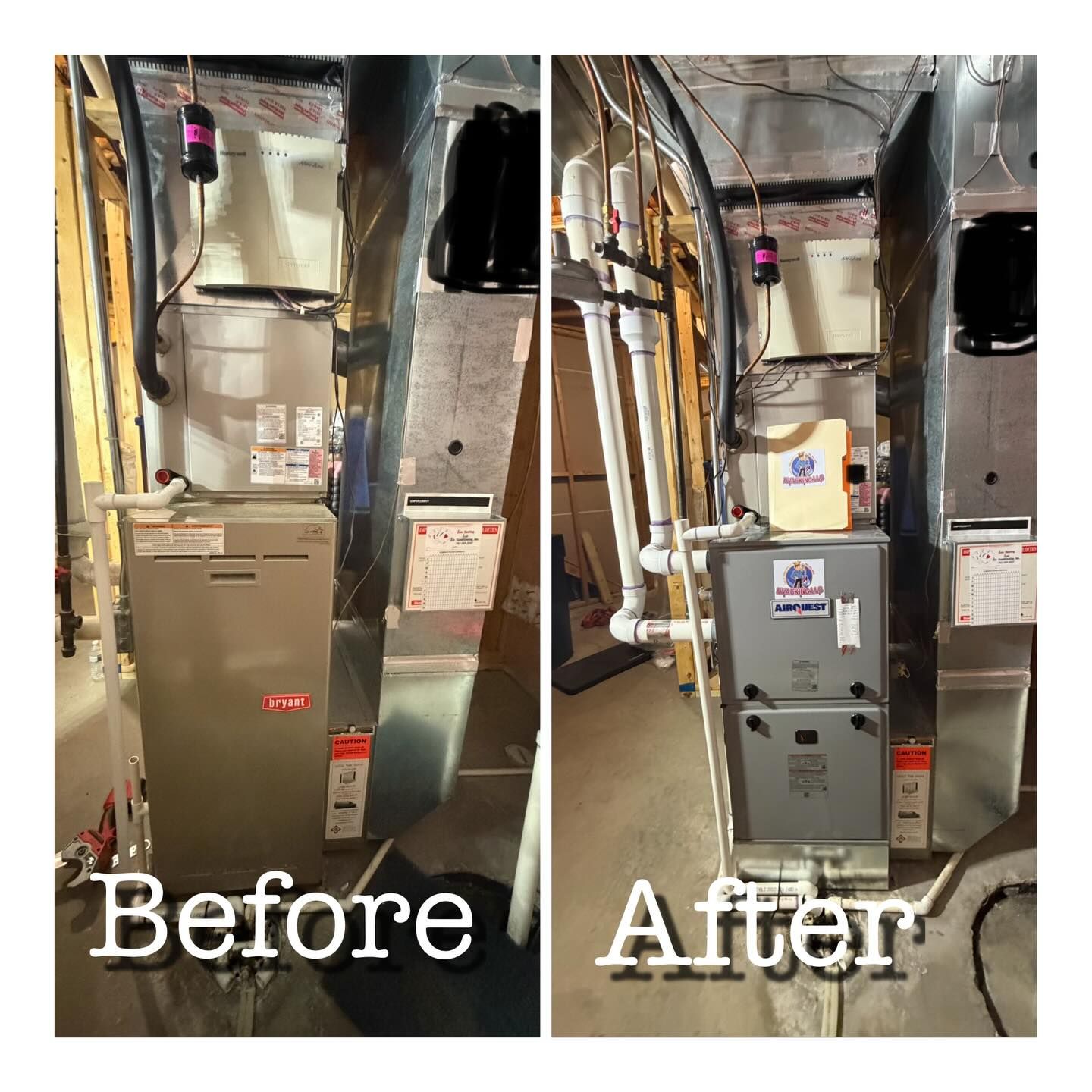 Comparison of a furnace before and after replacement; gray metal units, ductwork, pipes, and labels in a basement setting.