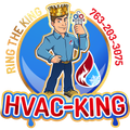 HVAC-King logo: Man with crown holding HVAC gauges. Blue and red design, phone number included.