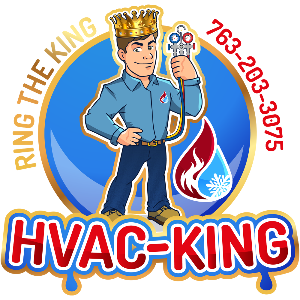 HVAC-King logo: Man with crown holding HVAC gauges. Blue and red design, phone number included.