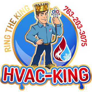 HVAC-King logo: Man with crown holding HVAC gauges. Blue and red design, phone number included.