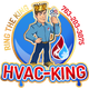 HVAC-King logo: Man with crown holding HVAC gauges. Blue and red design, phone number included.