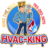 HVAC-King logo: Man with crown holding HVAC gauges. Blue and red design, phone number included.