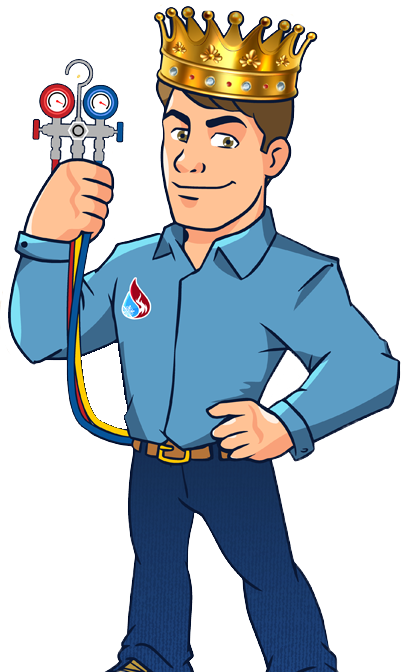 Cartoon man in a crown holding HVAC gauges. Wearing a blue uniform.
