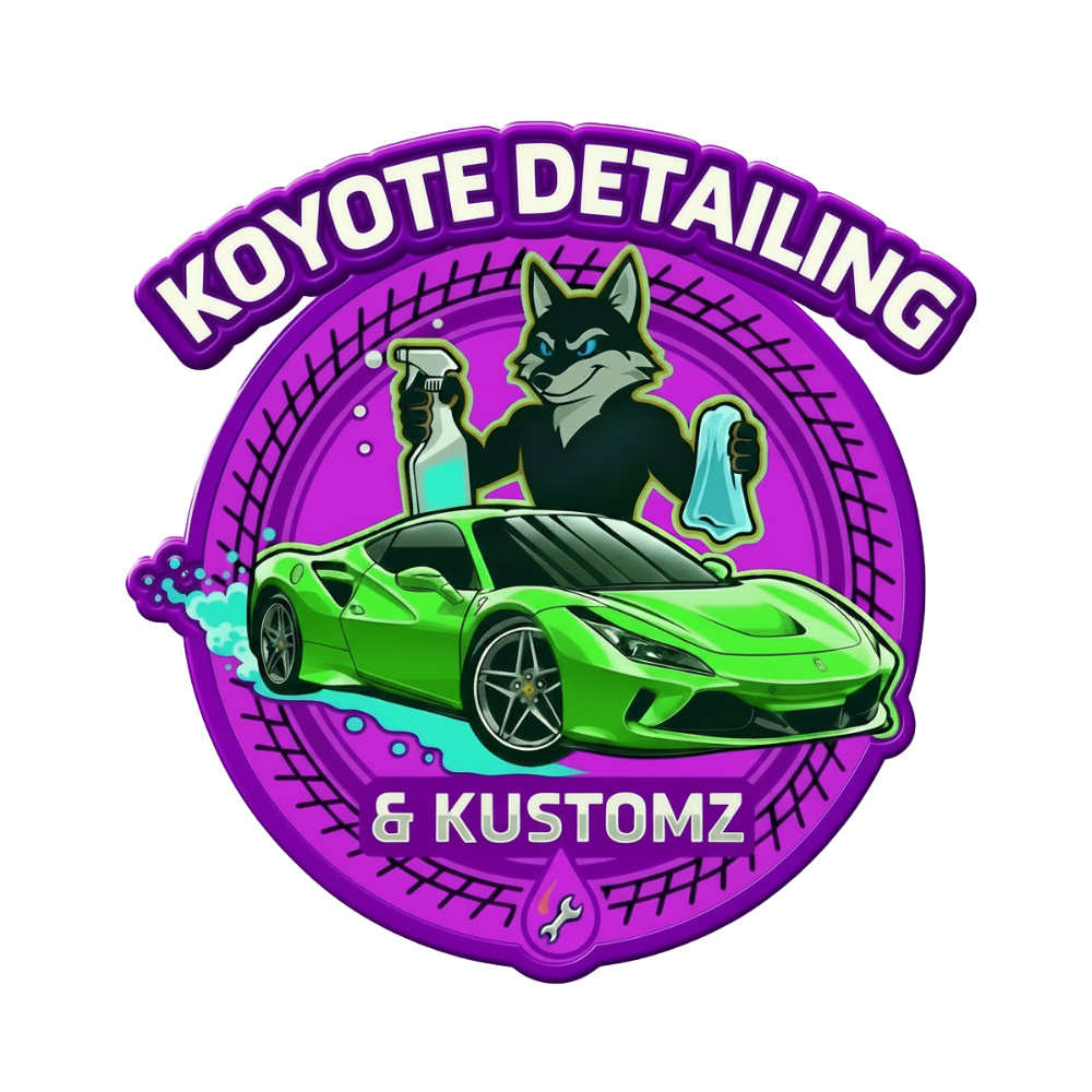 Koyote Detailing & Kustomz logo with neon green sports car and purple wolf mascot on a purple gear background