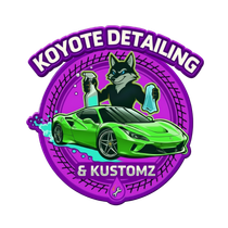 Koyote Detailing & Kustomz logo with neon green sports car and purple wolf mascot on a purple gear background
