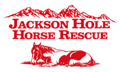 Jackson Hole Horse Rescue logo with red text and two resting horse silhouettes