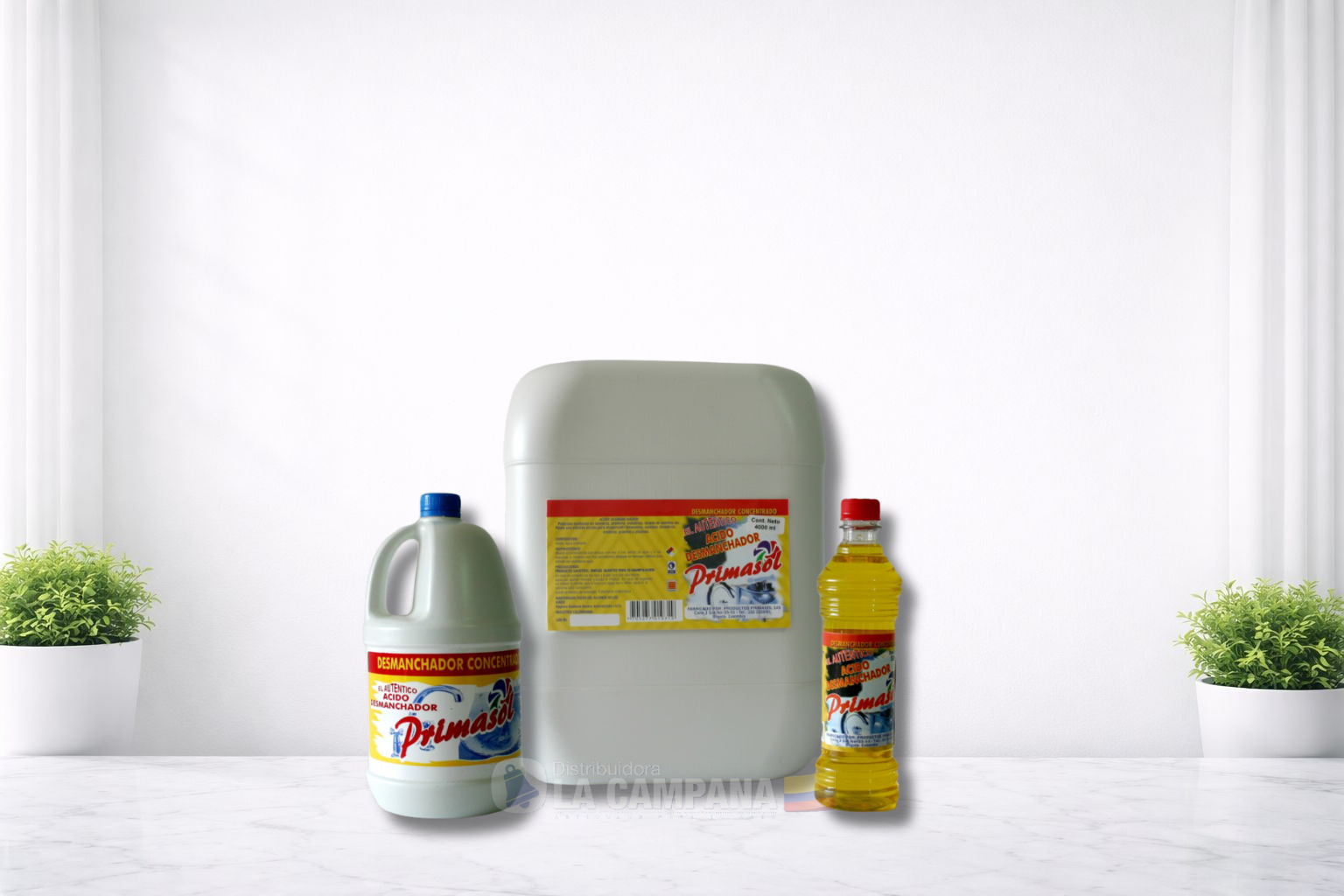 Three cleaning product bottles on a white table, centered in a bright minimalist room.
